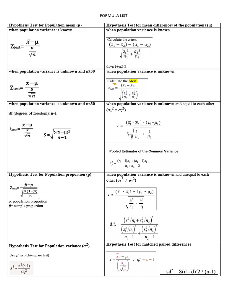 Statistical Hypothesis Test Formulas | PDF
