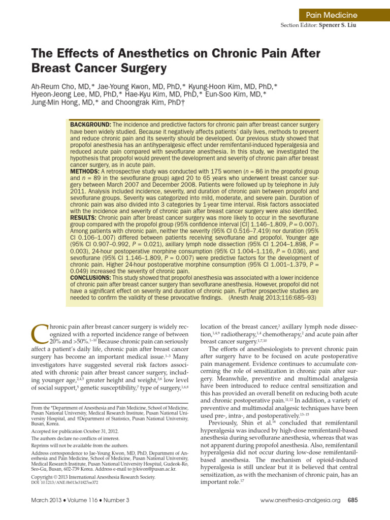 The Effects of Anesthetics On Chronic Pain After Breast Cancer Surgery ...
