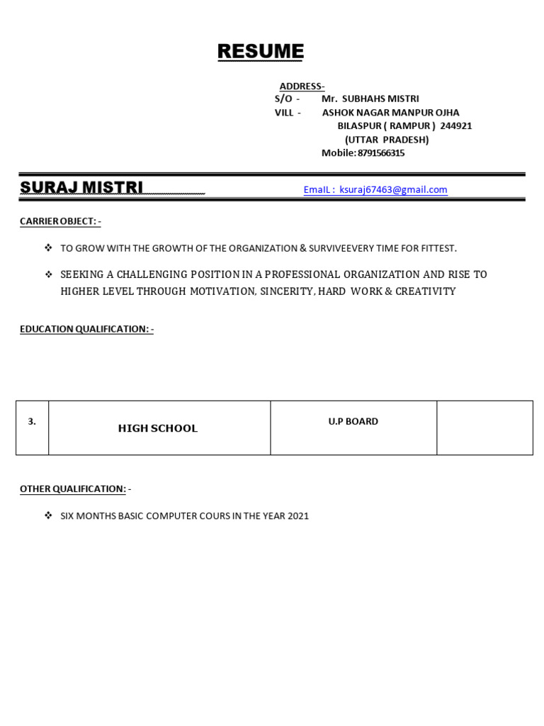 SURAJ MISTRI 2022 ( RESUME) (1) | PDF | Cognition