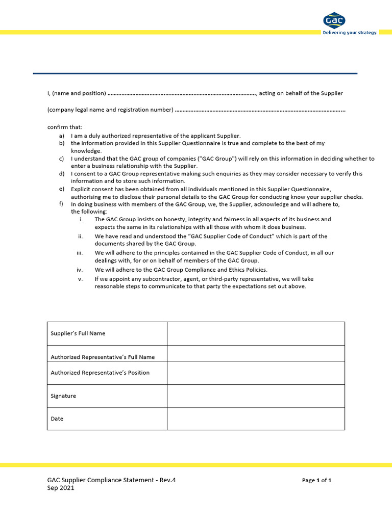 GAC Supplier Compliance Statement Form | PDF