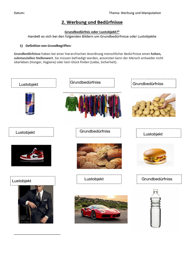 Arbeitsblatt 2 - Werbung Und Grundbedürfnisse
