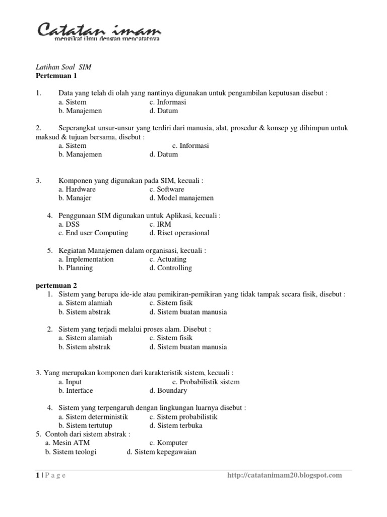 Latihan Soal Sistem Informasi Manajemen (SIM)