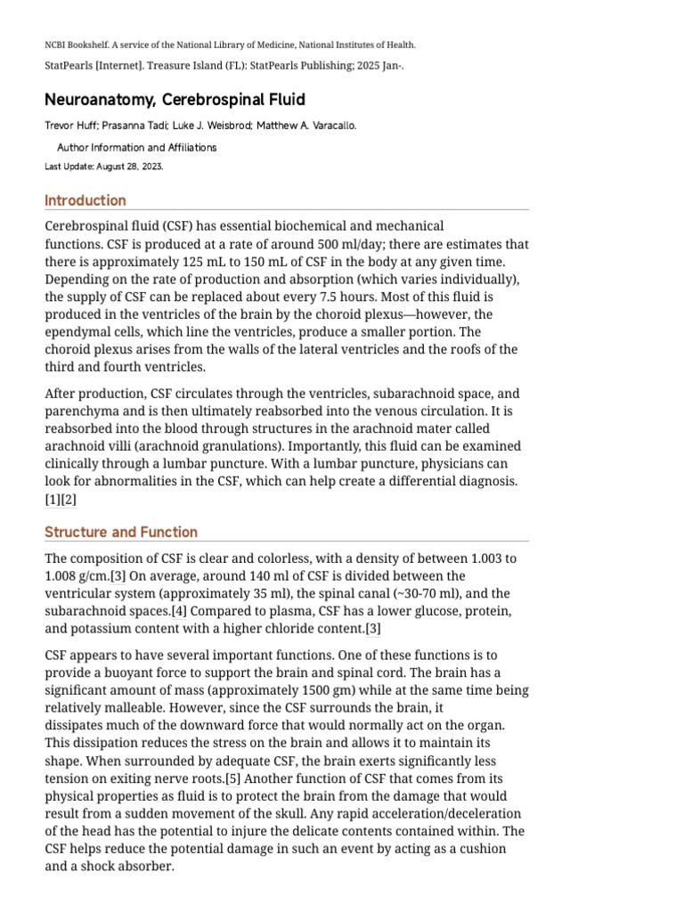 Neuroanatomy, Cerebrospinal Fluid - StatPearls - NCBI Bookshelf | PDF ...