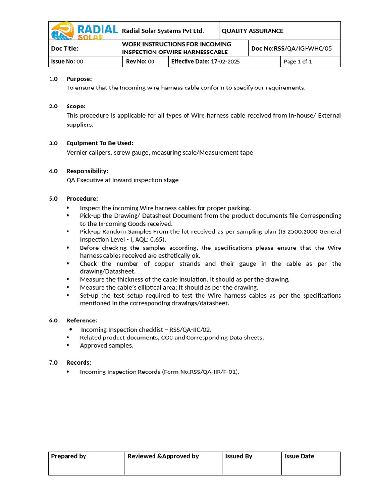 Incoming Inspection for Wire Harness Cables | PDF