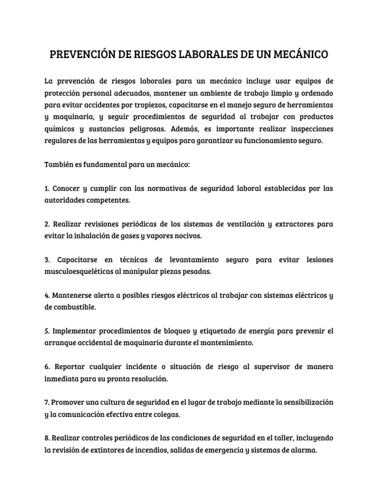 Prevención de Riesgos para Mecánicos | PDF | Seguridad y salud ...