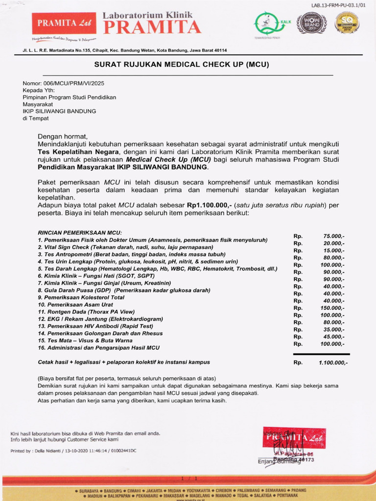 Surat Rujukan MCU WAJIB Pramita Lab | PDF