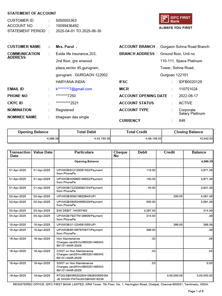 IDFCFIRSTBankstatement 10099436492 130025427 | PDF | Payments | Credit Card