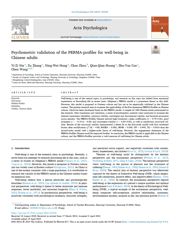 Psychometric Validation of The PERMA-profiler For Well-Being in Chinese ...