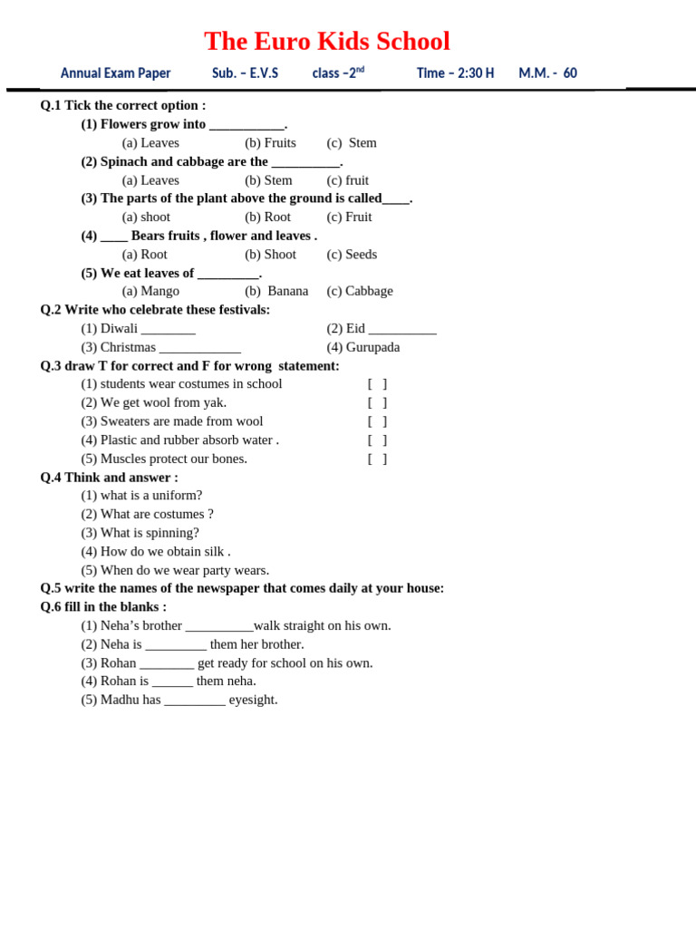 Class 2 EVS Annual Exam Paper 2025 | PDF