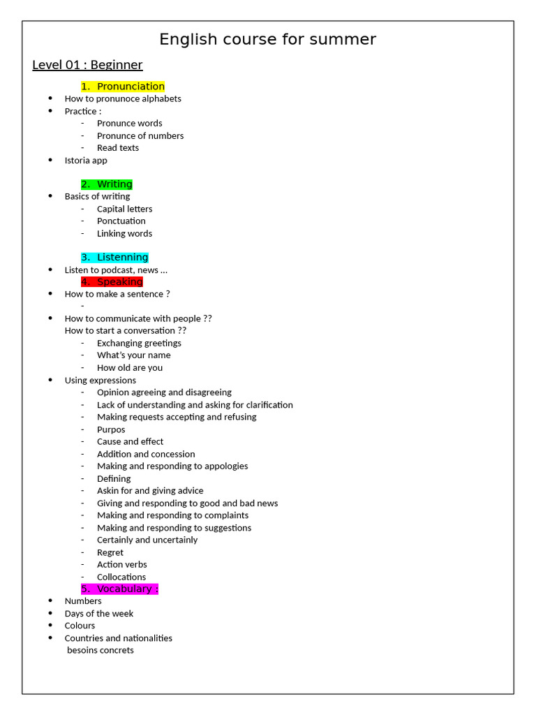 Beginner English Course Overview | PDF