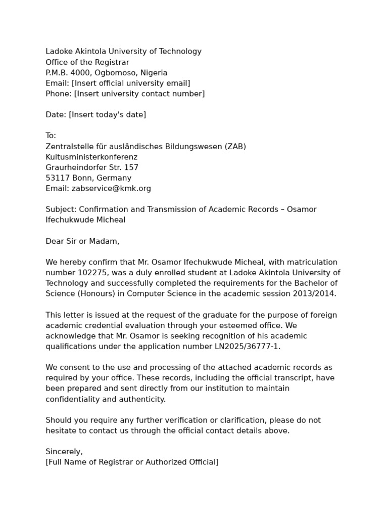 Academic Record Confirmation for Osamor | PDF