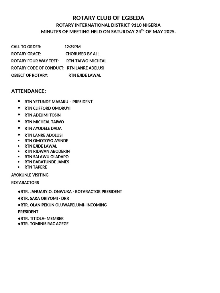 24th May RC EGBEDA Rotary Minutes | PDF