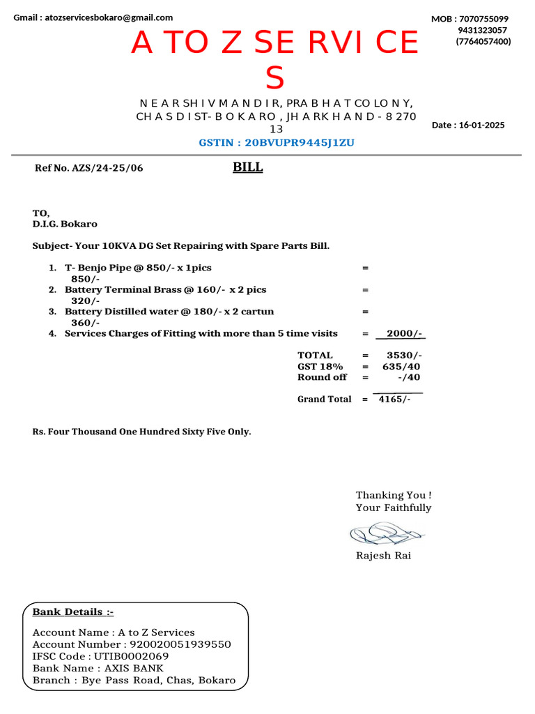 DG Set Repair Bill for D.I.G. Bokaro | PDF