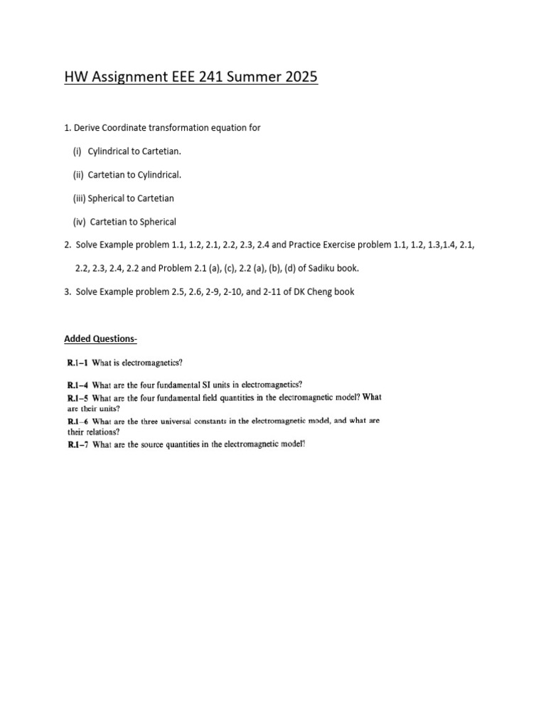 HW Assignment #1 EEE 241 Summer 2025 | PDF