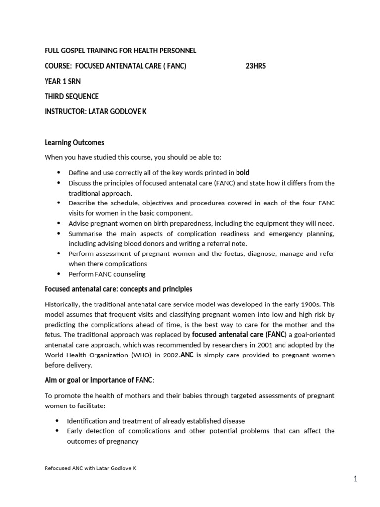 Focused Antenatal Care Overview | PDF | Pregnancy | Childbirth