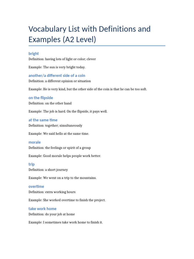 A2 Vocabulary Definitions and Examples | PDF