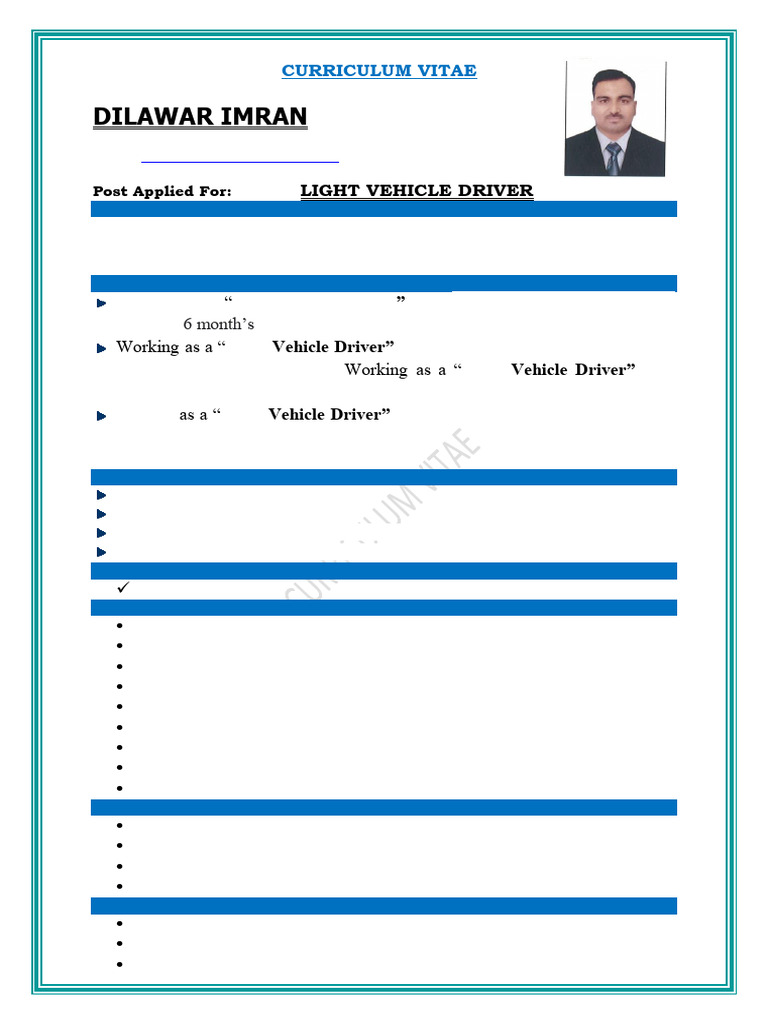 Light Vehicle Driver CV - Dilawar Imran | PDF