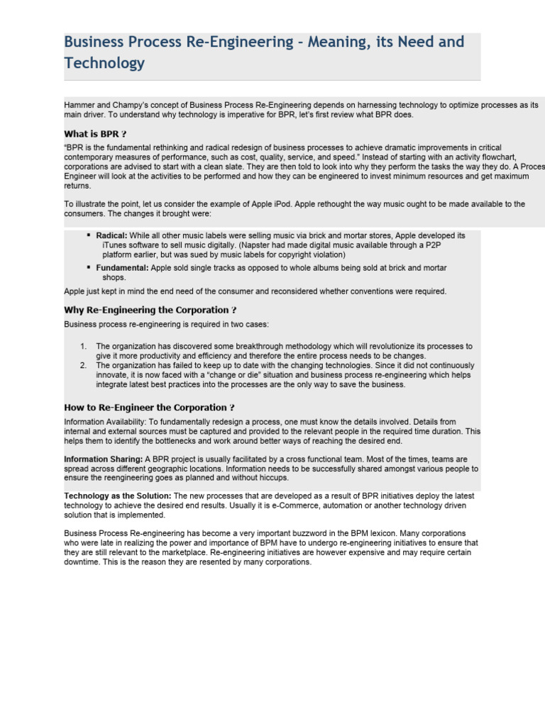 Understanding Business Process Re-Engineering | PDF | Business Process ...