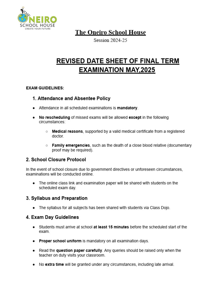 Oneiro School Final Exam Schedule 2025 | PDF