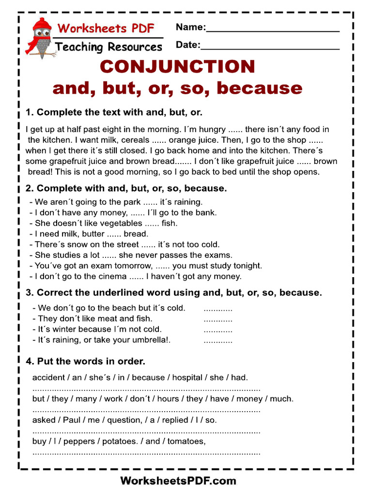 Conjunction Exercises for English Learners | PDF