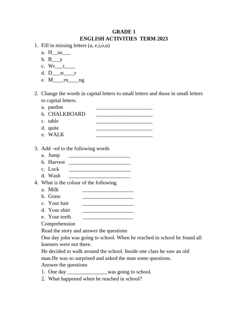 Grade 1 English Activities 2023 | PDF