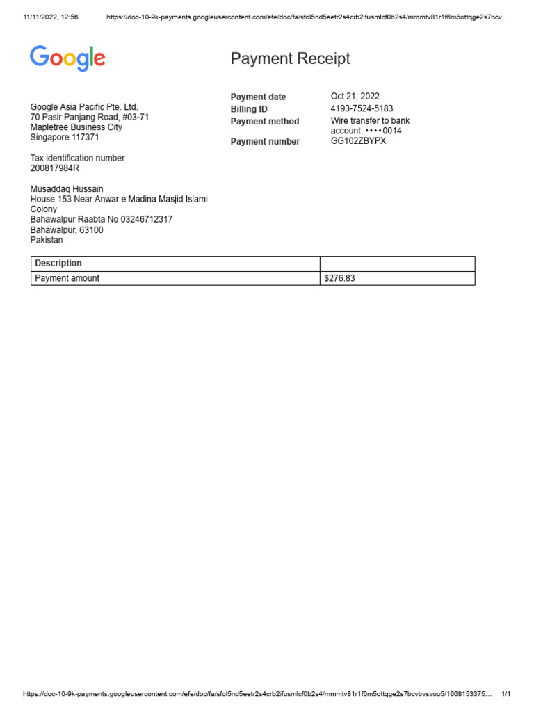 Google Payment Receipt for Musaddaq Hussain | PDF