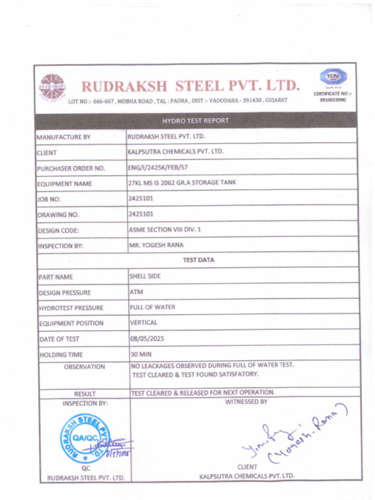 27KL Tank Inspection Report - 08!05!2025 | PDF