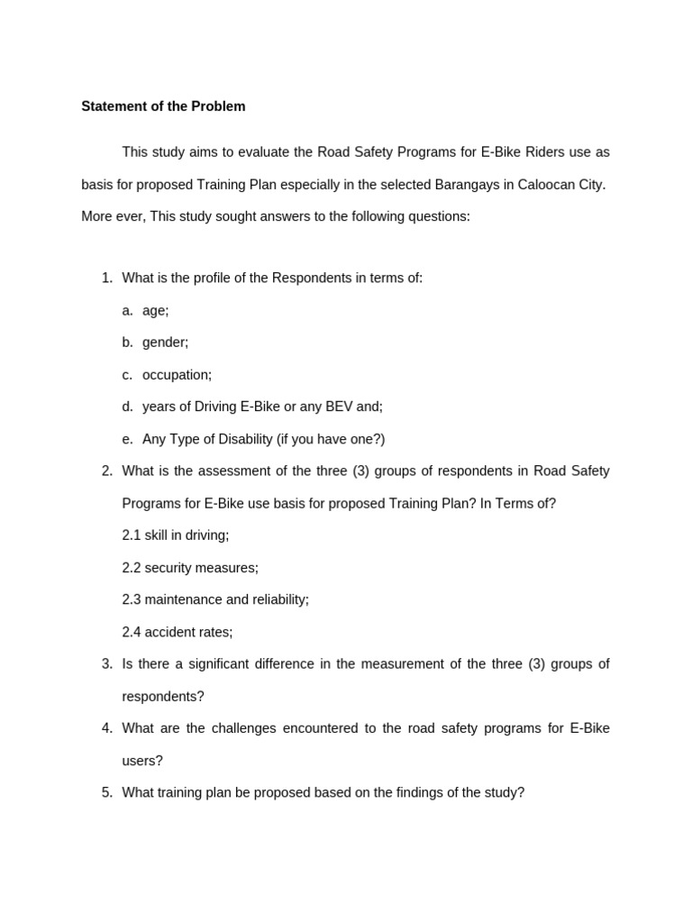Statement of The Problem | PDF | Safety | Road Traffic Safety