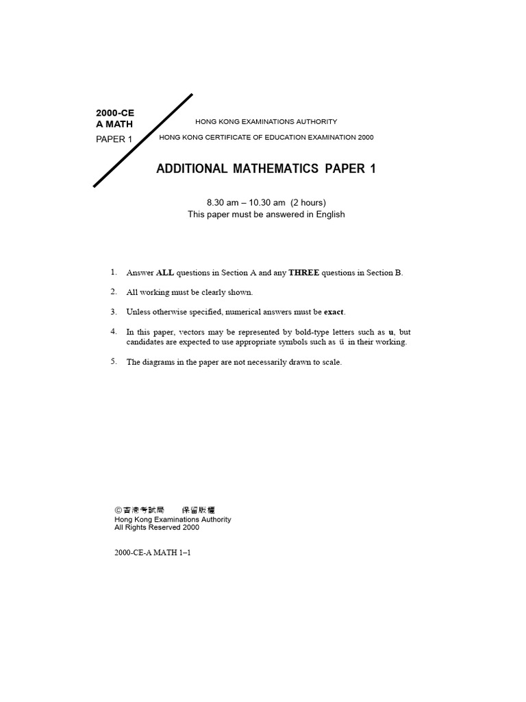 2000 Hong Kong Additional Mathematics Exam | PDF | Geometry | Euclidean ...