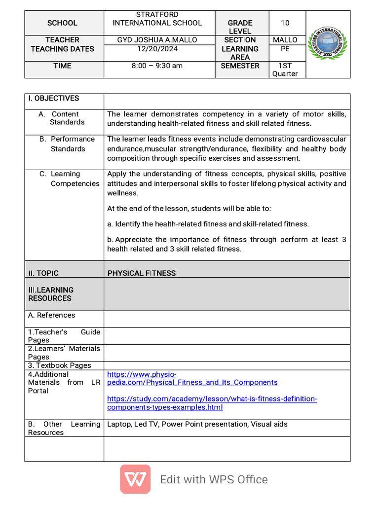 Grade 10 PE Lesson Plan: Physical Fitness | PDF | Physical Fitness ...