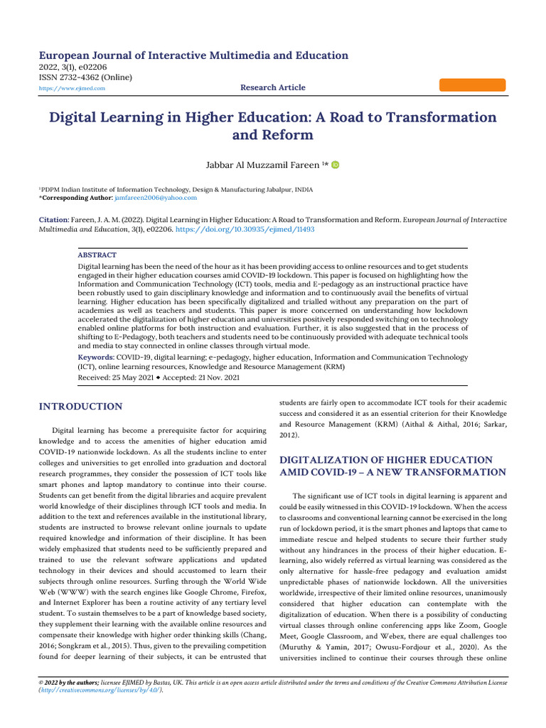 Digital Learning in Higher Education A Road To Transformation and ...