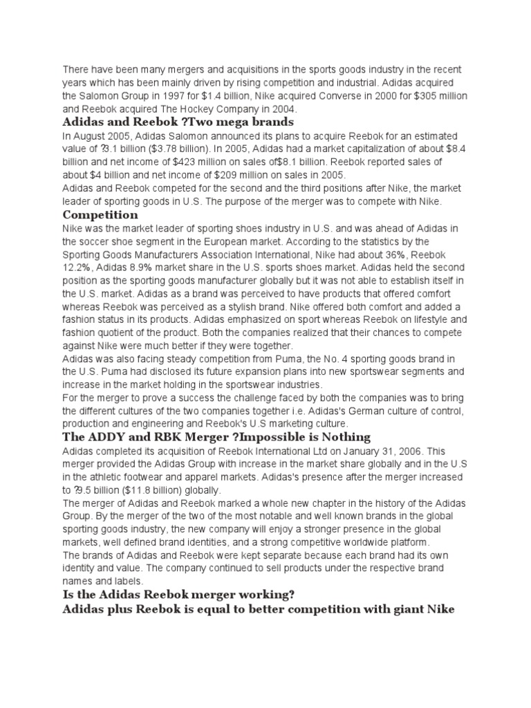 Adidas-Reebok Merger Analysis | PDF | Adidas | Nike