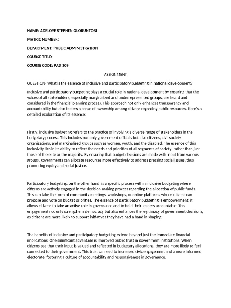Inclusive Budgeting for National Development | PDF | Governance ...