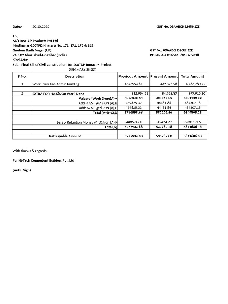 Final Bill for 200 TPD Impact-4 Project | PDF | Concrete | Civil ...