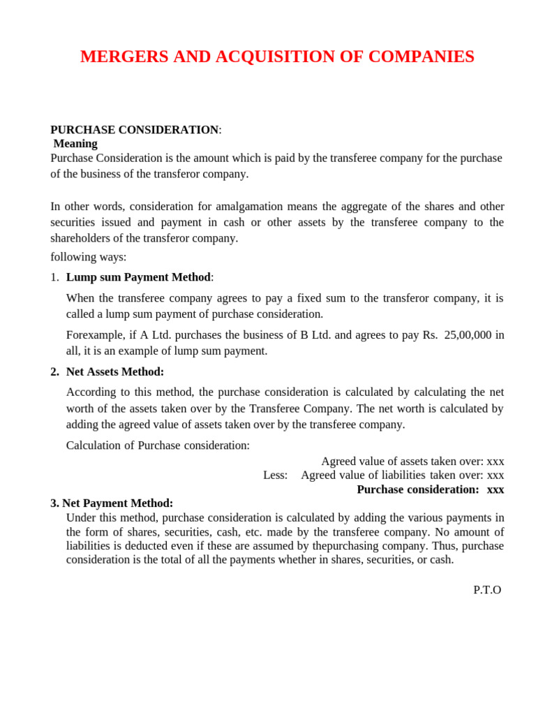 Purchase Consideration in Mergers & Acquisitions | PDF | Equity ...