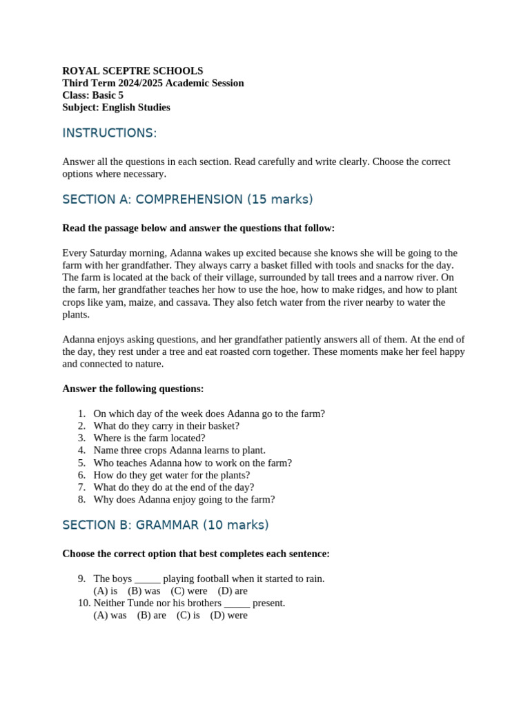 Basic 5 English Term 3 Exam Paper | PDF