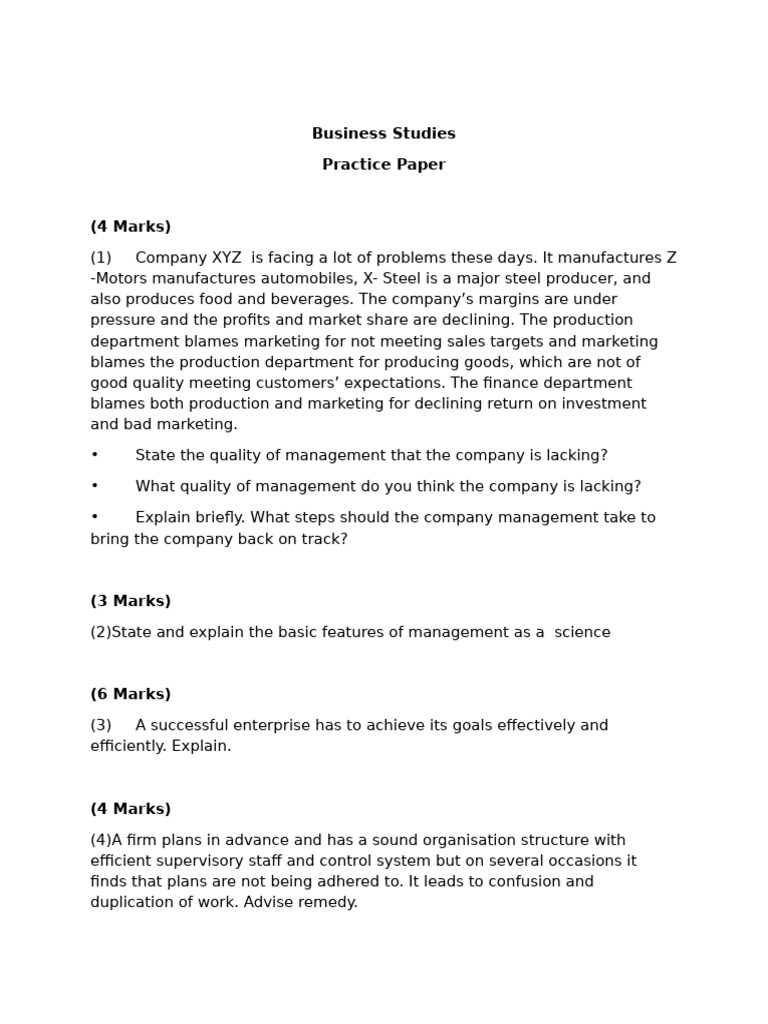 Business Studies Practice Paper | PDF | Economies | Business Economics