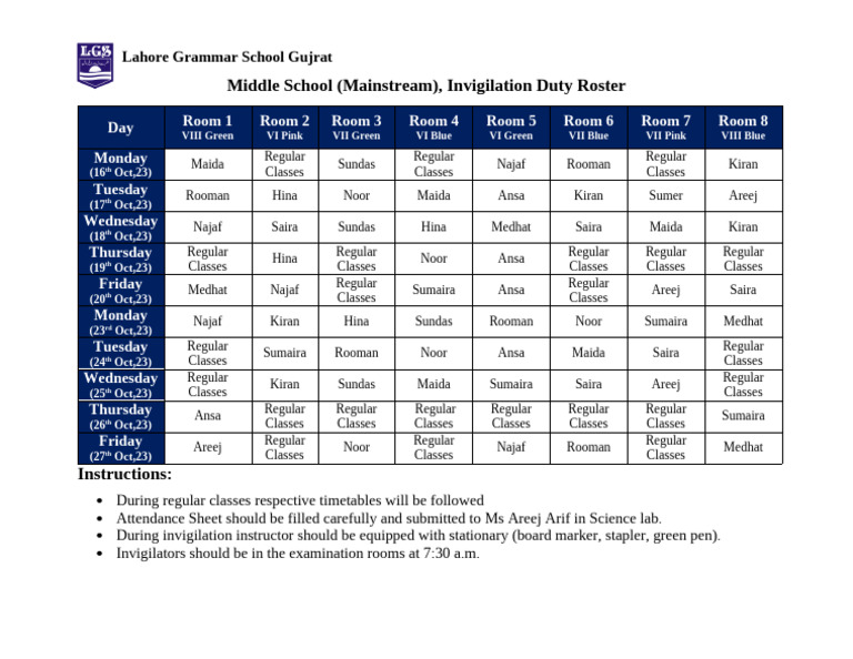 Invigilation Duty Roster: Oct 2023 | PDF