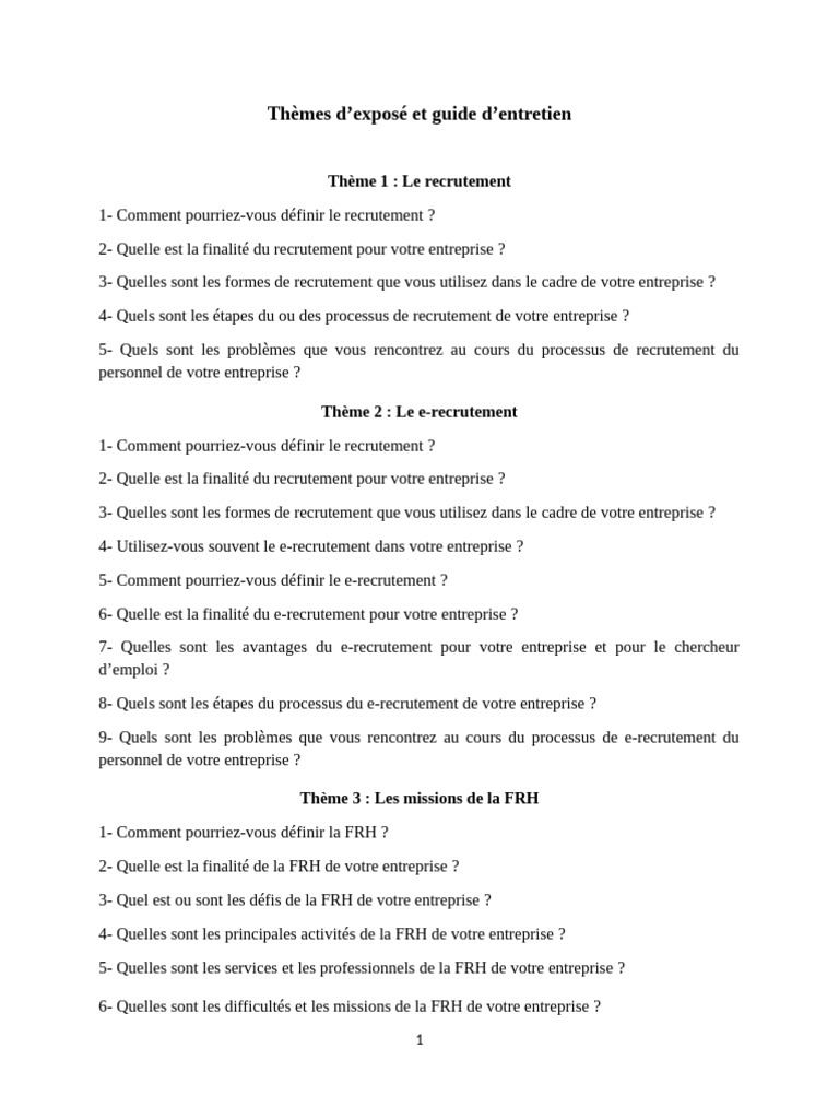 Thèmes d'exposé sur le recrutement et GRH | PDF | Recrutement | Business