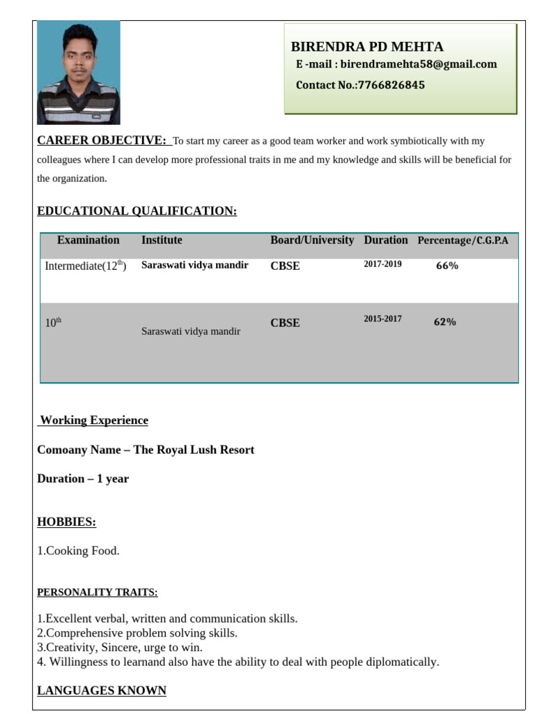 Birendra 12th Resume PDF - 1
