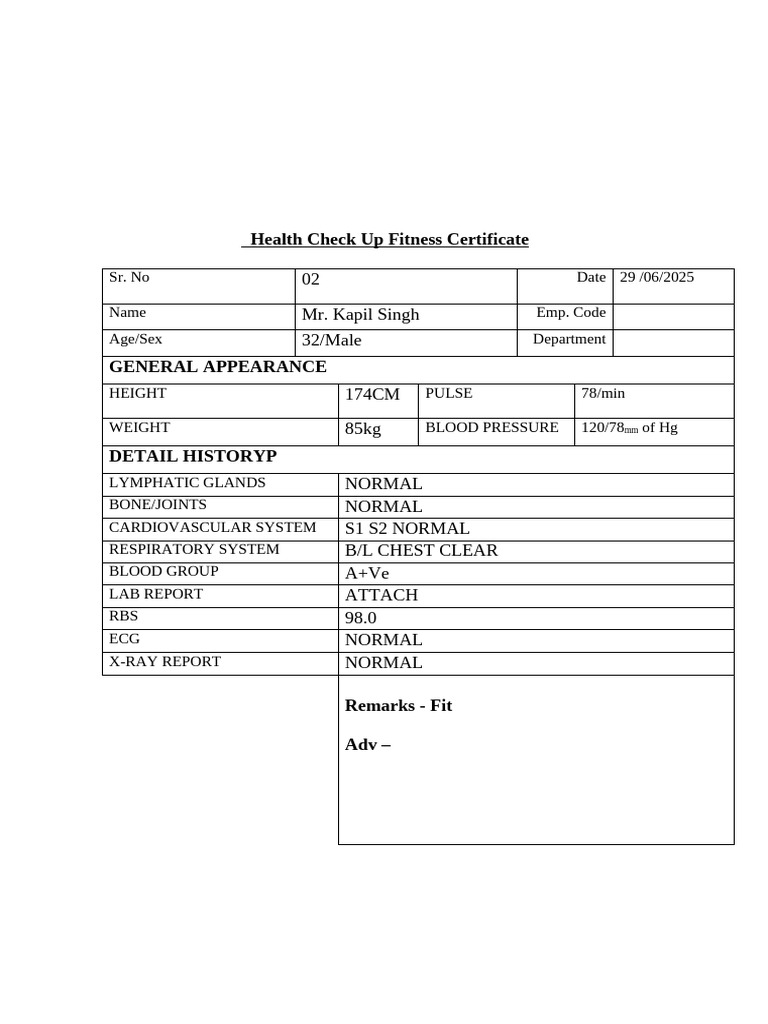 Health Check-Up Certificate for Mr. Singh | PDF