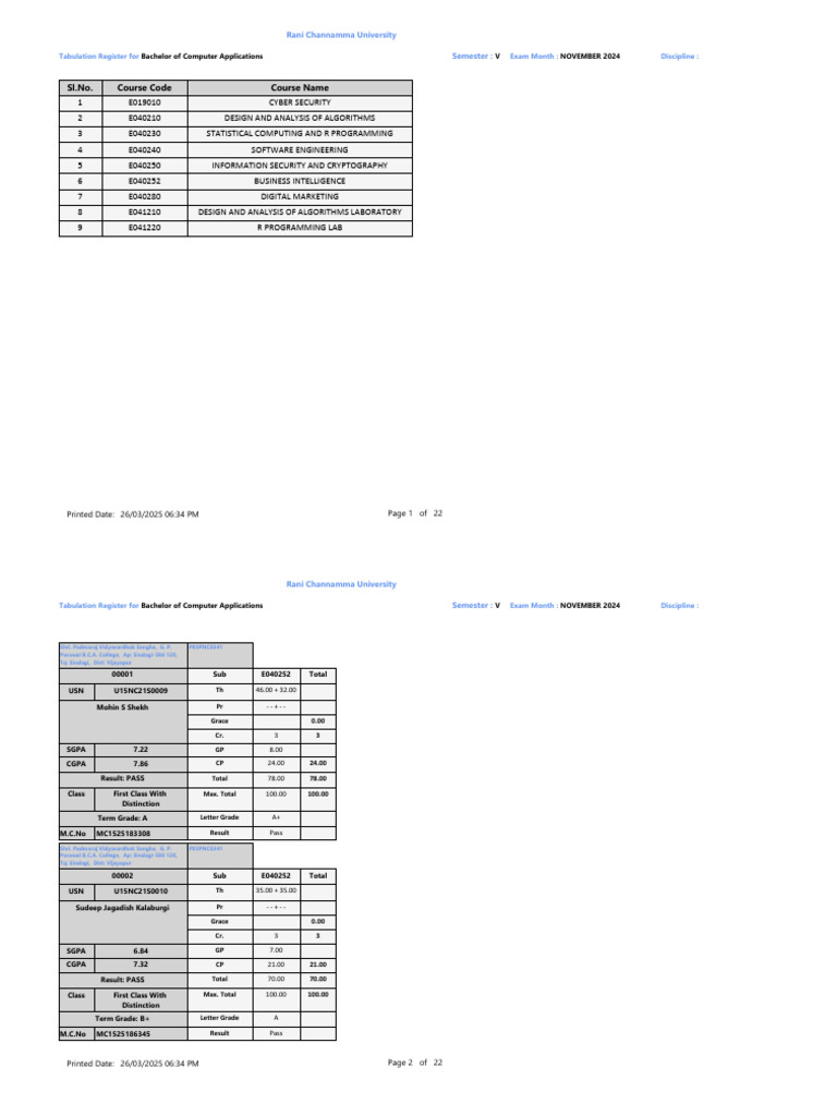 BCA Semester V Tabulation Register 2024 | PDF | Systems Engineering ...
