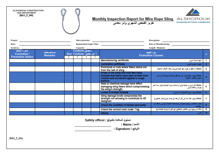 (H&S - F - 096) Monthly Inspection Report For Wire Rope Sling | PDF ...