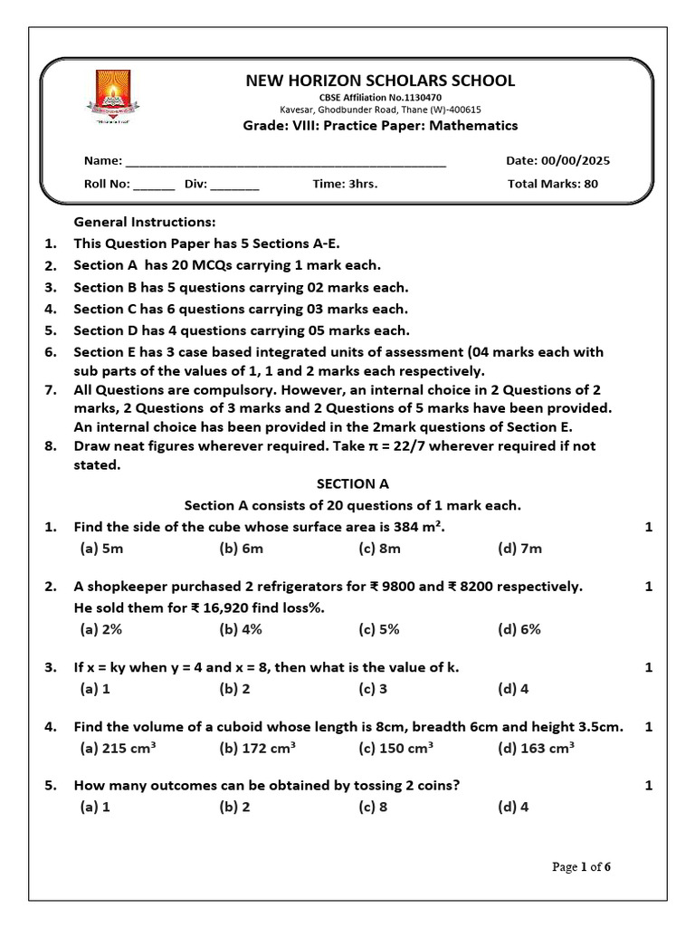 Grade 8 Maths Practice Paper PDF | PDF | Area