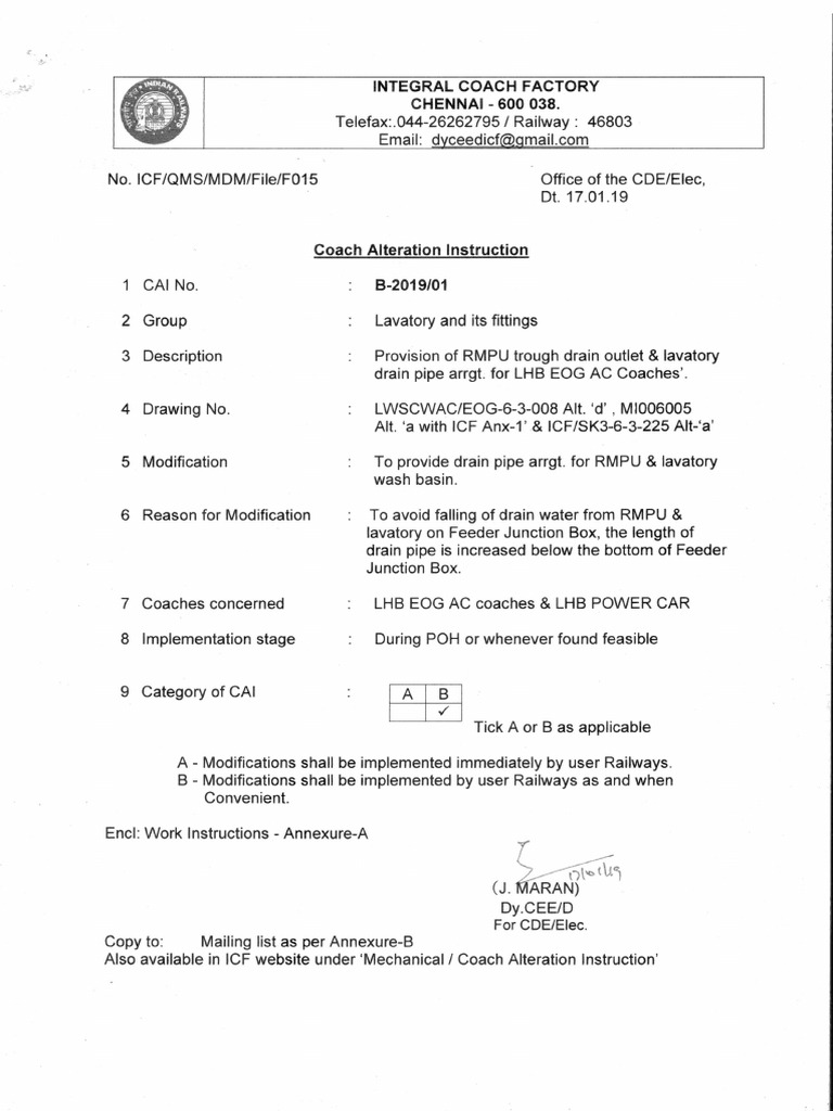 ICF CAI For LHB Coaches B-2019 01 (Provision of RMPU Trough Drain ...