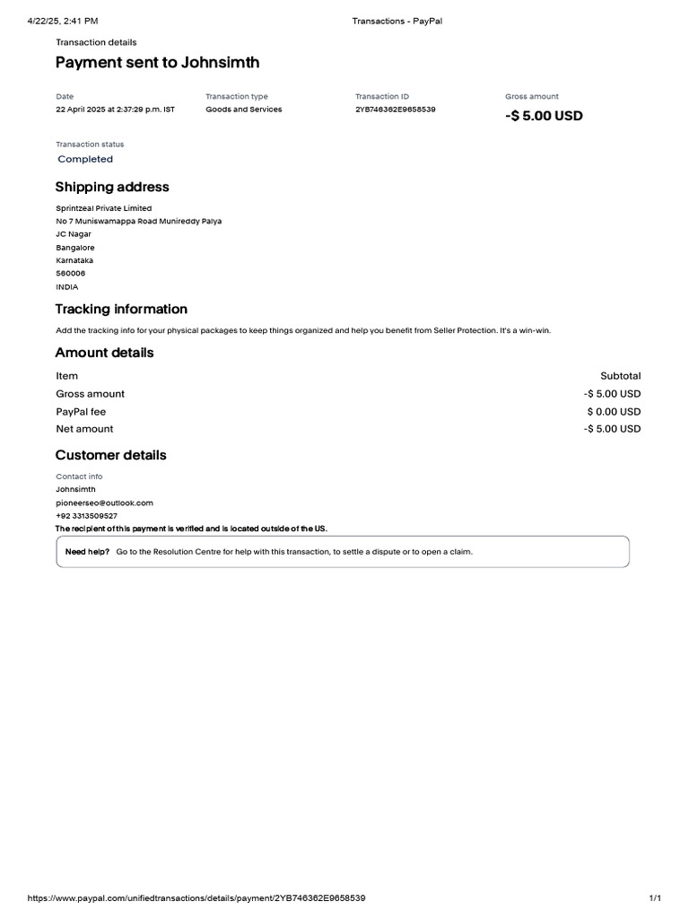 PayPal Transaction Details for Johnsimth | PDF