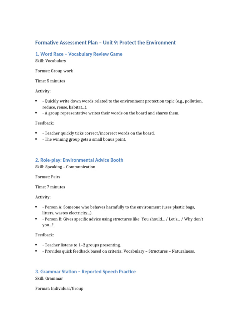 Formative Assessment: Environmental Skills | PDF | Vocabulary | Human ...