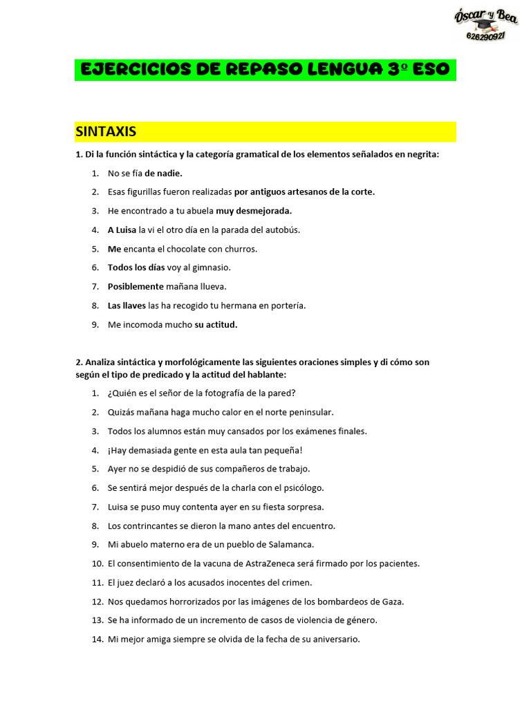 Ejercicios de Lengua y Literatura 3º ESO | PDF | Gramática