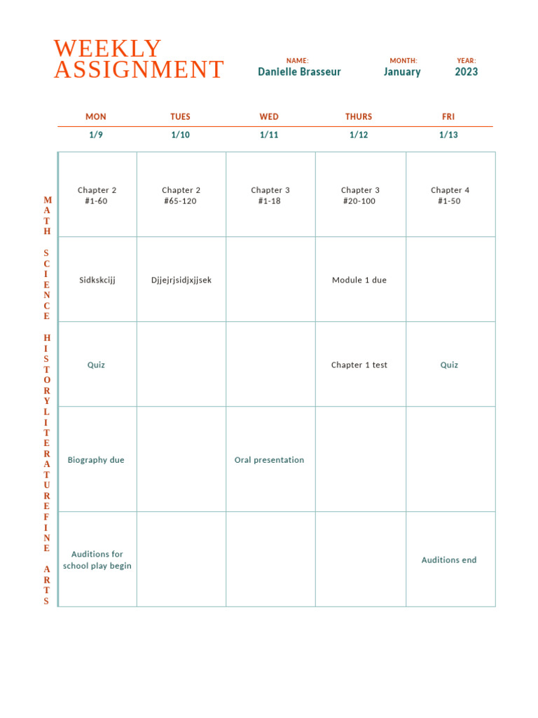 Weekly Assignment Schedule January 2023 | PDF