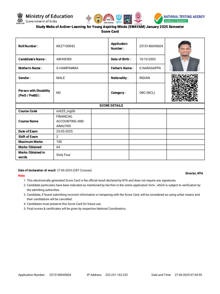 SWAYAM Exam Result Score Card 2025 | PDF